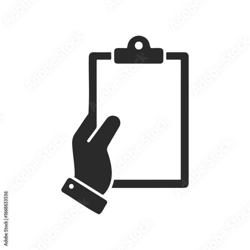 Hand holding clipboard icon - simple black and white graphic design