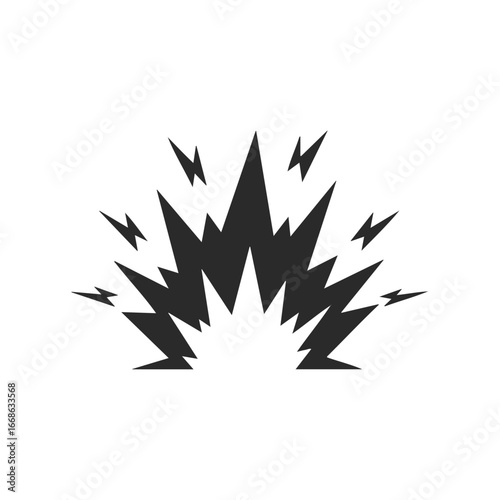 Black explosion icon with sharp angles and lightning bolts in symmetrical design