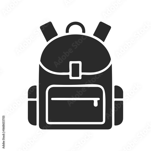 Minimalist black backpack icon with front and side pockets on white background