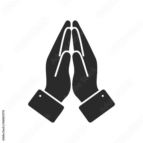 Silhouette of folded hands in prayer gesture on white background
