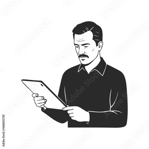 Illustration of mature caucasian male reading tablet in black shirt