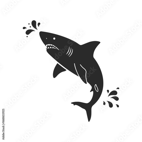 Silhouette of jumping shark with water splashes on white background
