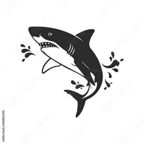 Dynamic black and white shark illustration with splashing water