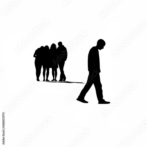 Silhouette of a lonely man walking away from friends shoulders down isolated on white background