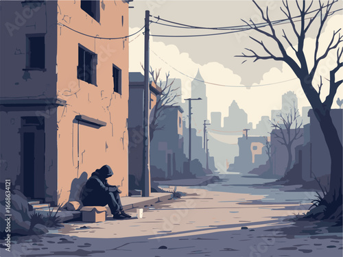 Homeless Man in Abandoned City Street