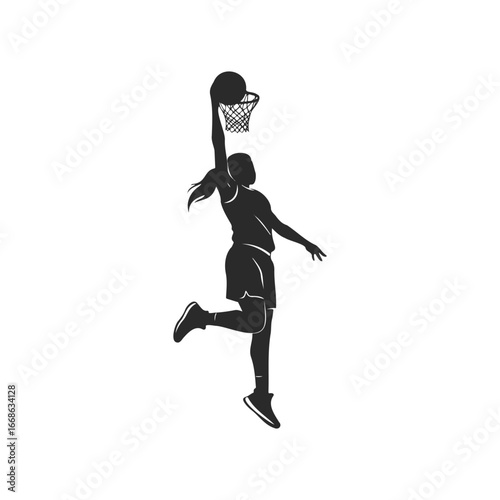 Silhouette of female athlete dunking basketball