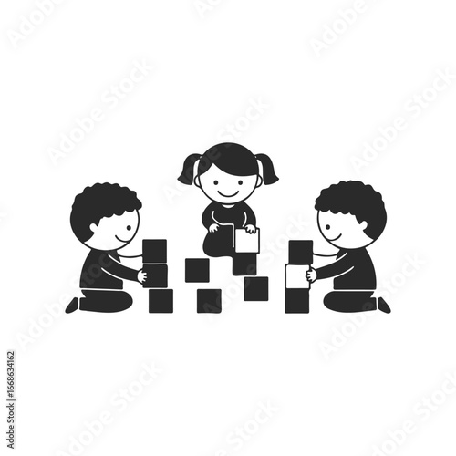 Children playing with blocks: young kids building and learning together