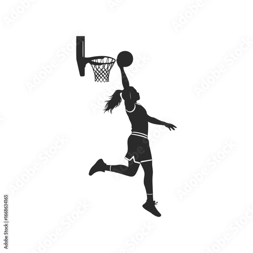 Female basketball player silhouette dunking on hoop