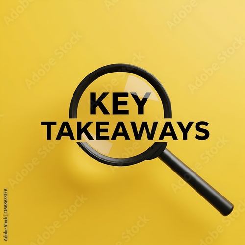 Magnifying glass focusing on the words key takeaways on yellow background