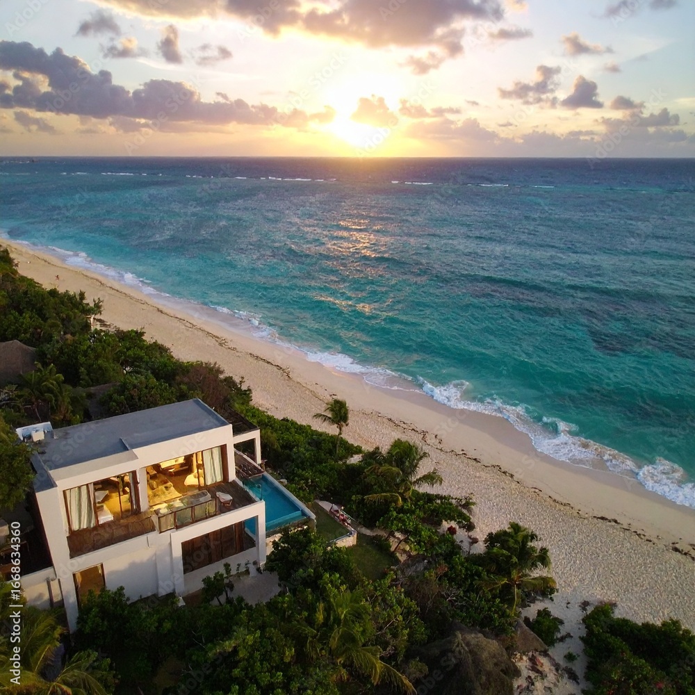 Fototapeta premium Exclusive Beachfront Residence with Panoramic Ocean View at Dramatic Sunset 