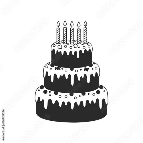 Black and white three-tier cake with lit candles and dripping icing