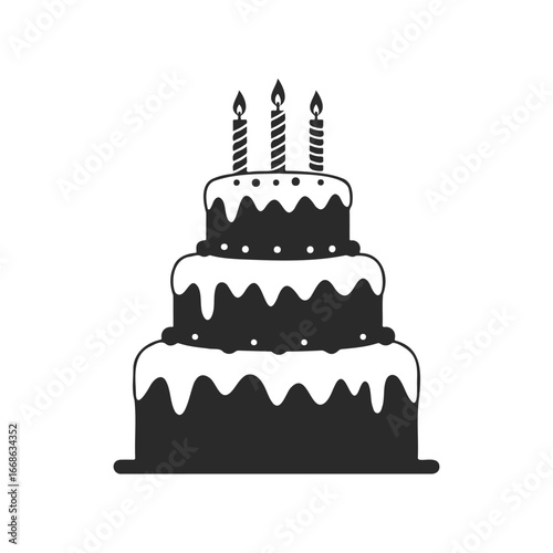 Layered birthday cake with three lit candles in black and white illustration