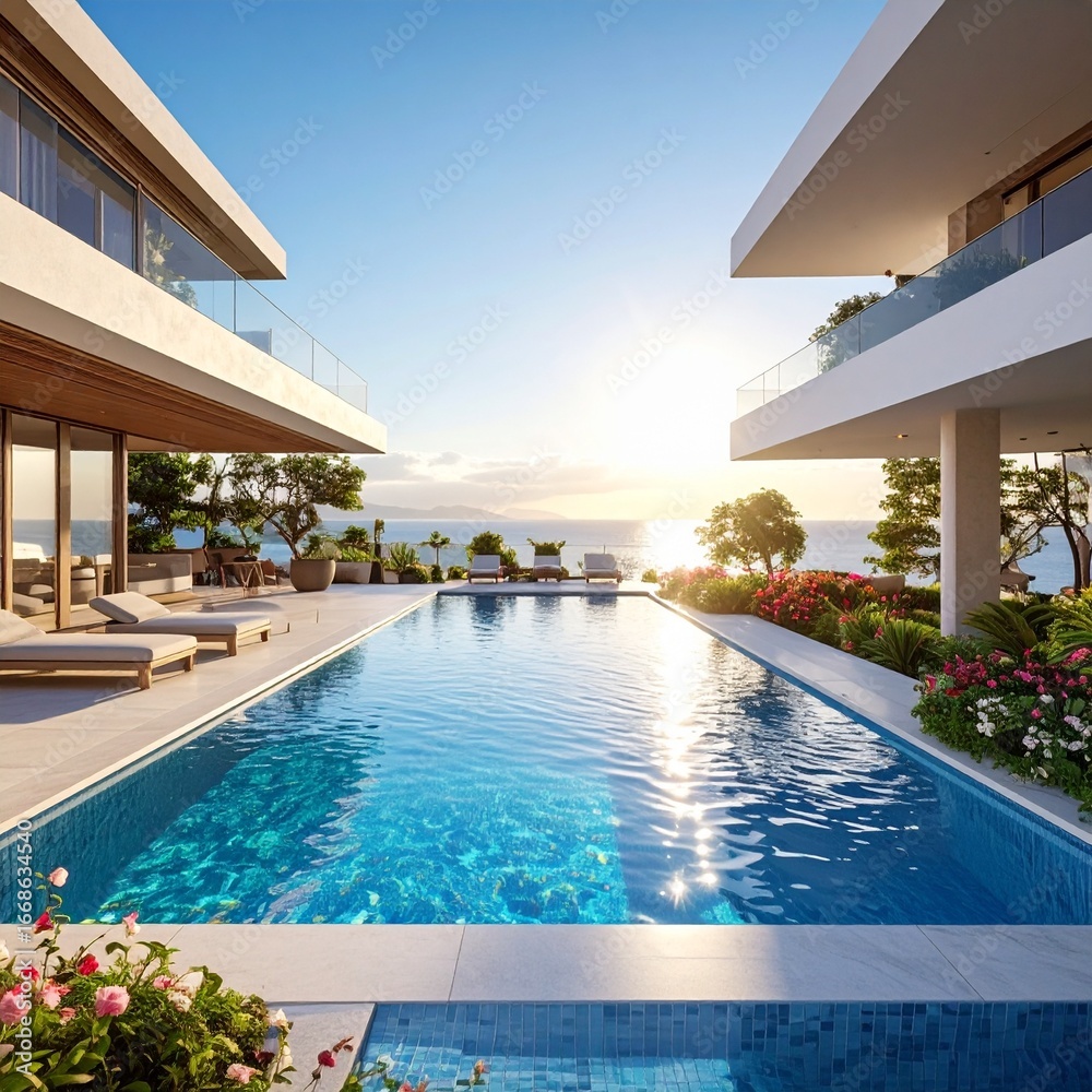 Fototapeta premium Luxury Modern Architecture Villa with Cantilevered Design and Expansive Pool 