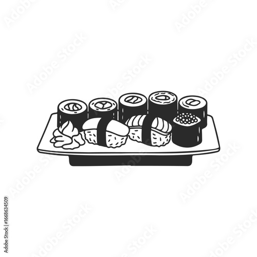 Black and white sushi platter illustration with nigiri and maki rolls