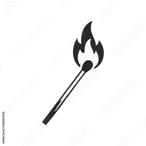 Black and white icon of a burning matchstick with flame in minimalist design