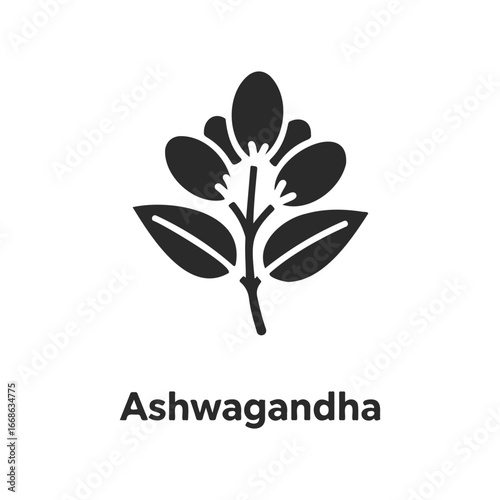 Ashwagandha plant icon: simplified black silhouette of leaves and flowers