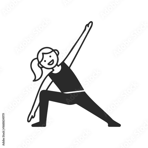 Cartoon female doing yoga pose in side stretch black and white illustration