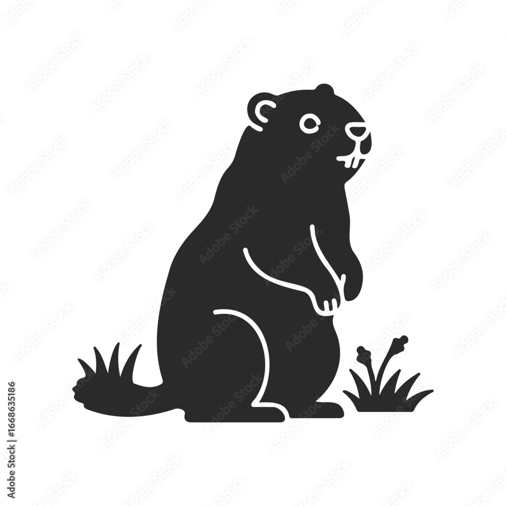 Fototapeta premium Silhouette of a groundhog standing amidst grass in minimalist style