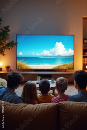 Family enjoying a beautiful ocean view on television