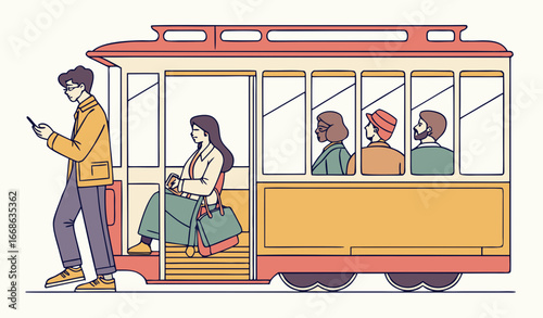 mini Diverse people are inside the bus. Passengers stand and sit on seats in urban public transport. Crowd of commuters with bags, smartphones rides in trolleybus or tram. Flat vector illustration