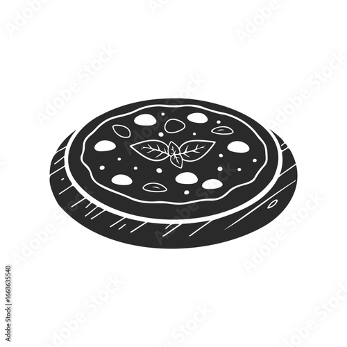 Monochrome pizza illustration on wooden serving board