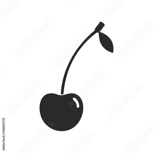 Silhouette of a single cherry with leaf on stem