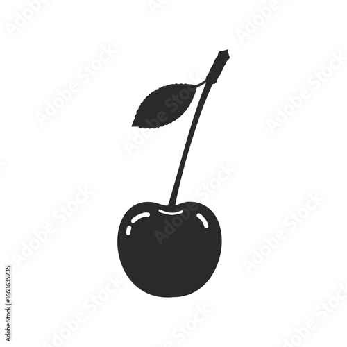 Black silhouette of cherry with leaf on stem