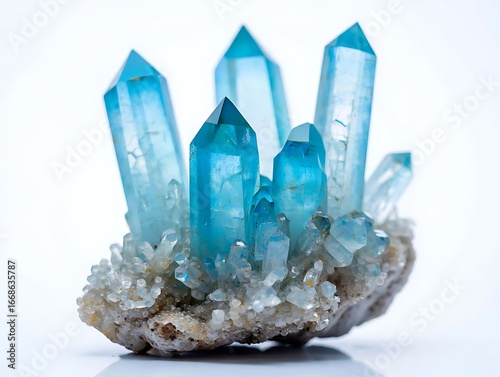 Cluster of aqua aura quartz crystals on a white background