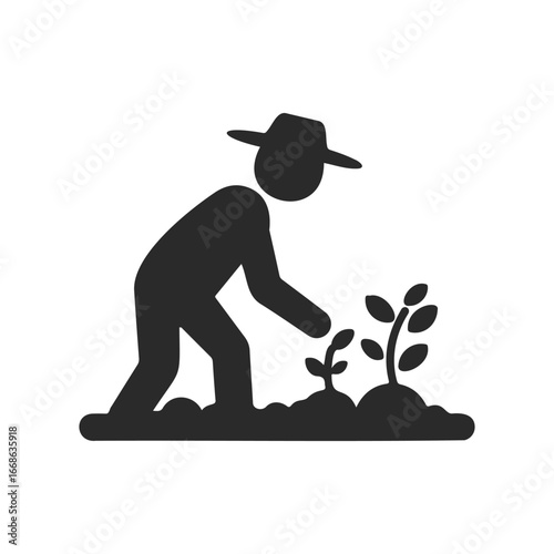 Silhouette of person planting seedlings in garden with hat and seedlings icon