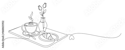 Line art style coffee latte with flowers in hand drawn concept for vector decoration