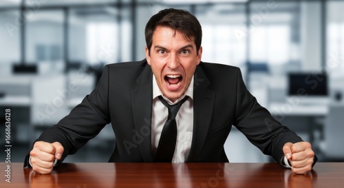 Angry businessman at desk, yelling