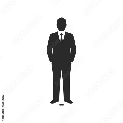 Silhouette of young caucasian adult male in suit on white background