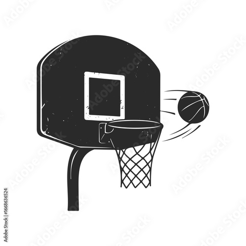 Monochrome basketball hoop with ball in motion