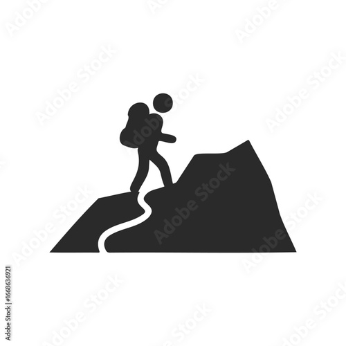 Silhouette of a backpacker climbing mountain trail icon in black and white