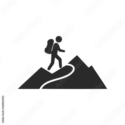 Hiking icon: minimalist black and white mountain trekking symbol