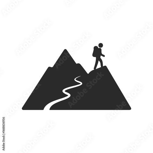 Silhouette of a hiker on mountain path icon