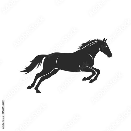Silhouette of galloping horse in motion on white background