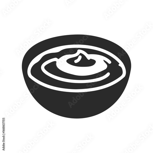 Simple black and white bowl of yogurt or sauce icon on white background