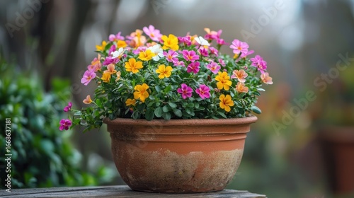 A colorful flower arrangement in a terracotta pot on a wooden table in a garden setting.