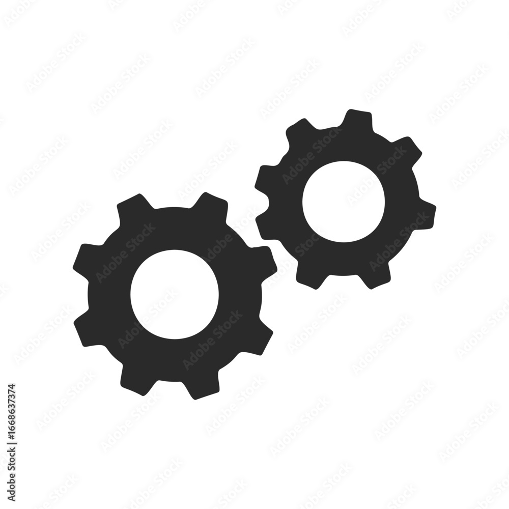 Black gear icons interlocking symmetrically on white background Black gear icons interlocking symmetrically on white background