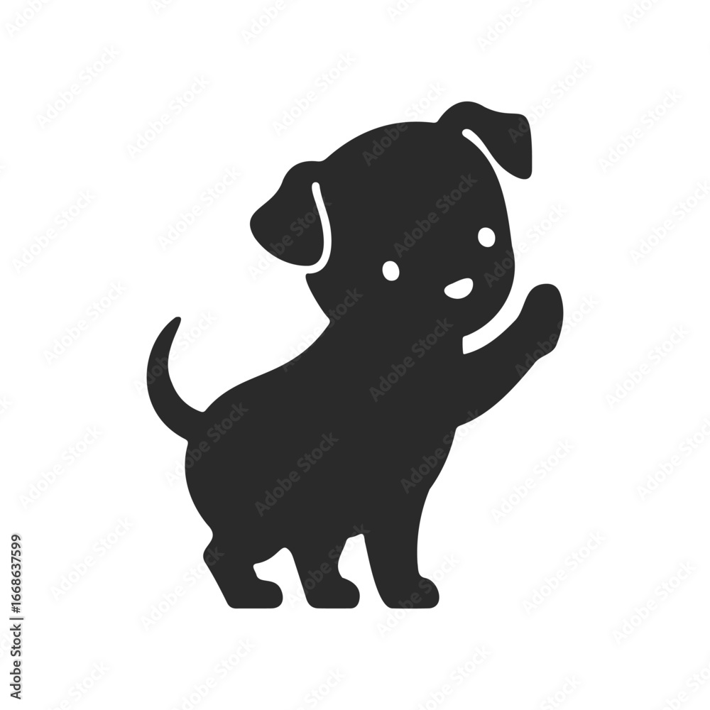 Fototapeta premium Black silhouette of a playful puppy on white background
