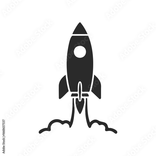 Rocket launch silhouette with smoke trail on white background