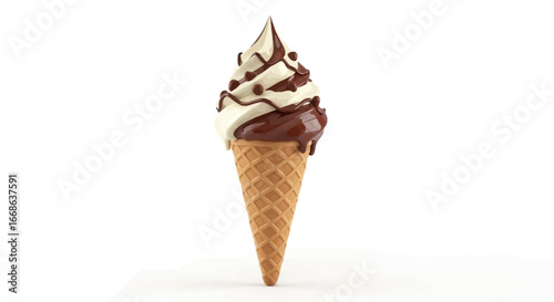 Delicious swirled vanilla and chocolate soft serve ice cream in a crispy waffle cone, drizzled with chocolate sauce, a perfect summer treat