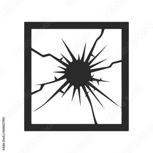 Minimalist black and white broken glass design with a central impact point