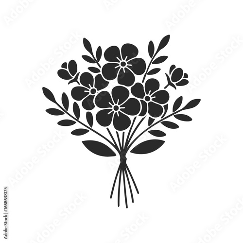 Silhouette of a floral bouquet with leaves and stems on white background