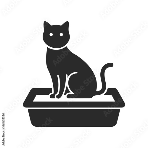Silhouette of a cat sitting in litter box icon on a white background