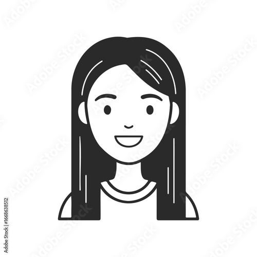 Smiling female character with long hair in black and white illustration