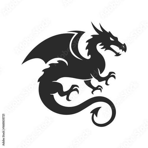 Black silhouette of a majestic dragon with wings and tail in motion