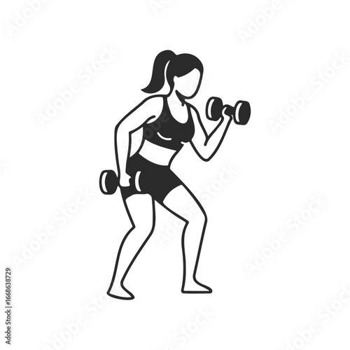 Silhouette of young female exercising with dumbbells in fitness attire
