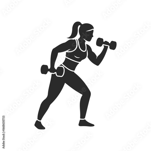 Silhouette of athletic female exercising with dumbbells: fitness and strength training
